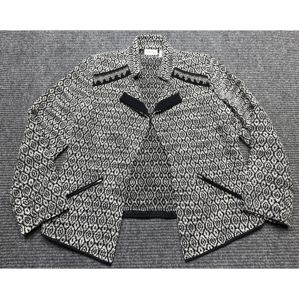 Chicos Jacket Women 0 Black White Geometric Knit Chain Trim Blazer Open Cardigan